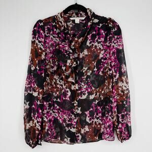 Diane Von Furstenberg 100% Silk Jezebel Print Chiffon Neck Tie Sheer Blouse 2